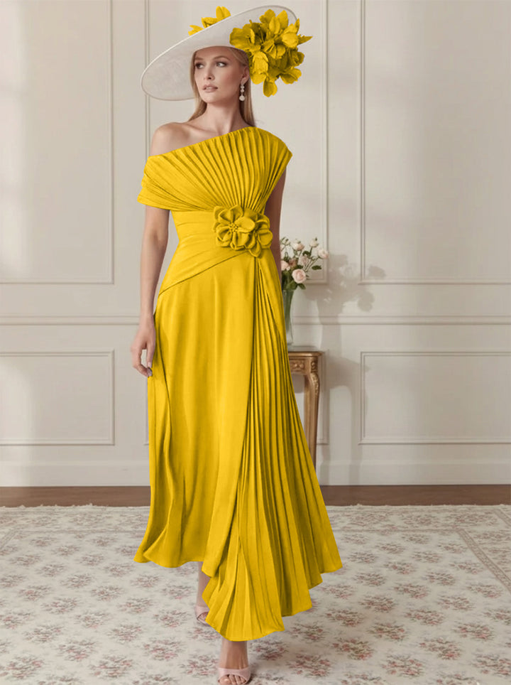 A-Line/Princess Off-the-Shoulder Asymmetrical Ankle-Length Mother of the Bride Dresses With Pleats