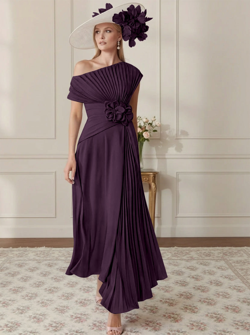 A-Line/Princess Off-the-Shoulder Asymmetrical Ankle-Length Mother of the Bride Dresses With Pleats