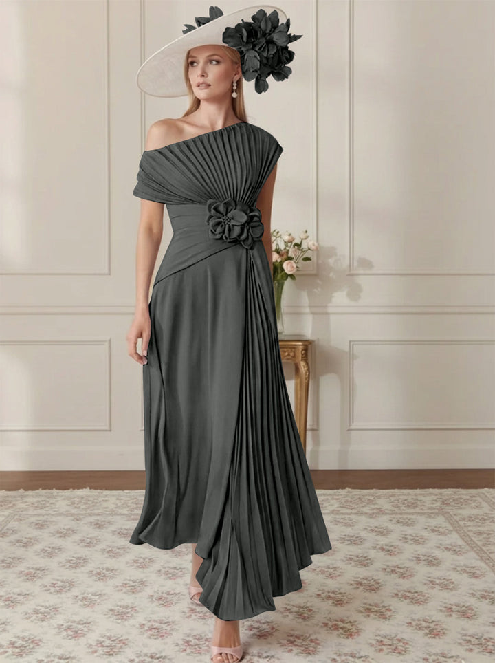 A-Line/Princess Off-the-Shoulder Asymmetrical Ankle-Length Mother of the Bride Dresses With Pleats