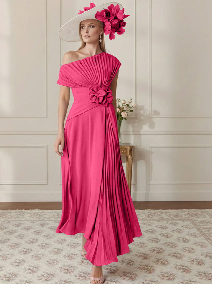 A-Line/Princess Off-the-Shoulder Asymmetrical Ankle-Length Mother of the Bride Dresses With Pleats