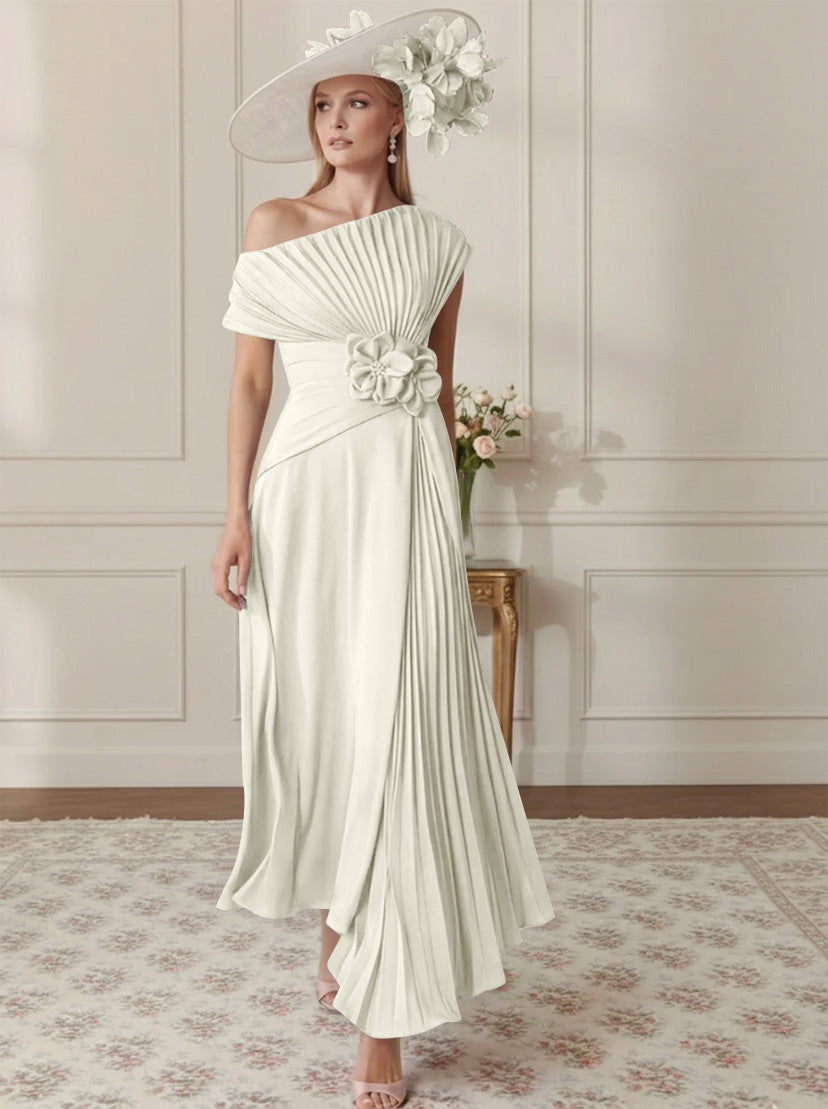 A-Line/Princess Off-the-Shoulder Asymmetrical Ankle-Length Mother of the Bride Dresses With Pleats