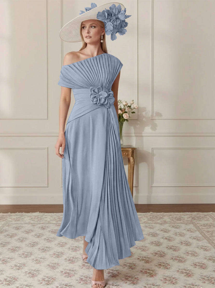 A-Line/Princess Off-the-Shoulder Asymmetrical Ankle-Length Mother of the Bride Dresses With Pleats