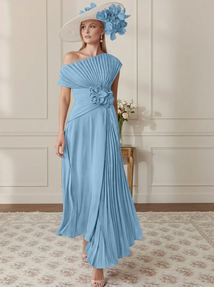 A-Line/Princess Off-the-Shoulder Asymmetrical Ankle-Length Mother of the Bride Dresses With Pleats