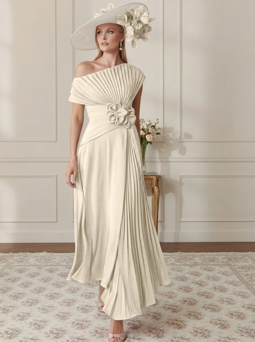 A-Line/Princess Off-the-Shoulder Asymmetrical Ankle-Length Mother of the Bride Dresses With Pleats