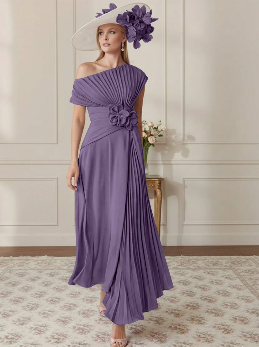 A-Line/Princess Off-the-Shoulder Asymmetrical Ankle-Length Mother of the Bride Dresses With Pleats