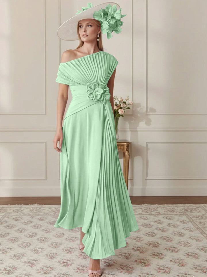 A-Line/Princess Off-the-Shoulder Asymmetrical Ankle-Length Mother of the Bride Dresses With Pleats