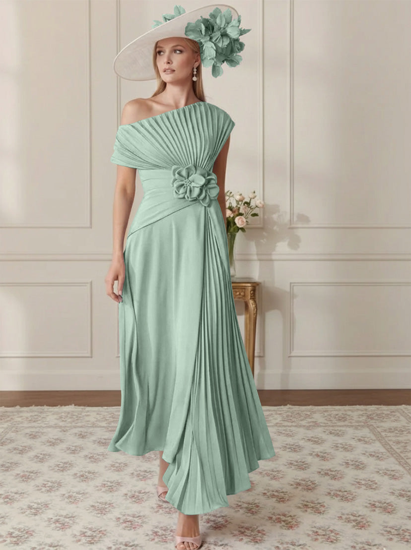 A-Line/Princess Off-the-Shoulder Asymmetrical Ankle-Length Mother of the Bride Dresses With Pleats