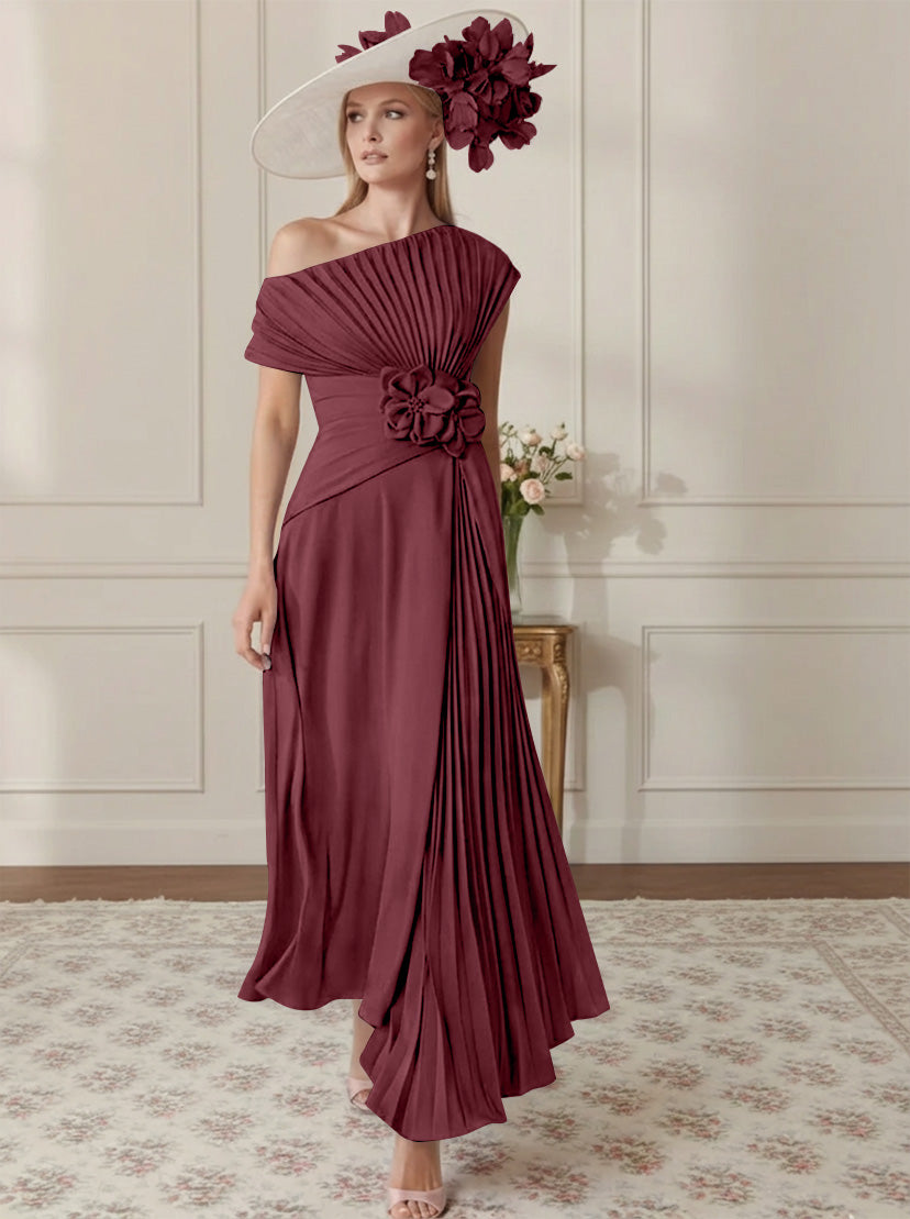 A-Line/Princess Off-the-Shoulder Asymmetrical Ankle-Length Mother of the Bride Dresses With Pleats