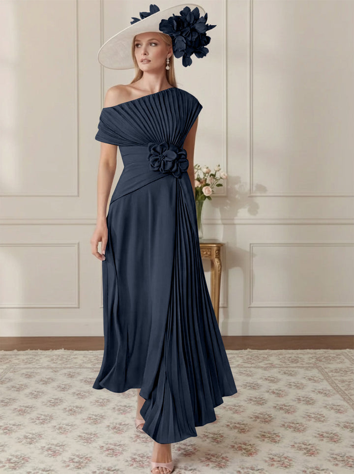 A-Line/Princess Off-the-Shoulder Asymmetrical Ankle-Length Mother of the Bride Dresses With Pleats