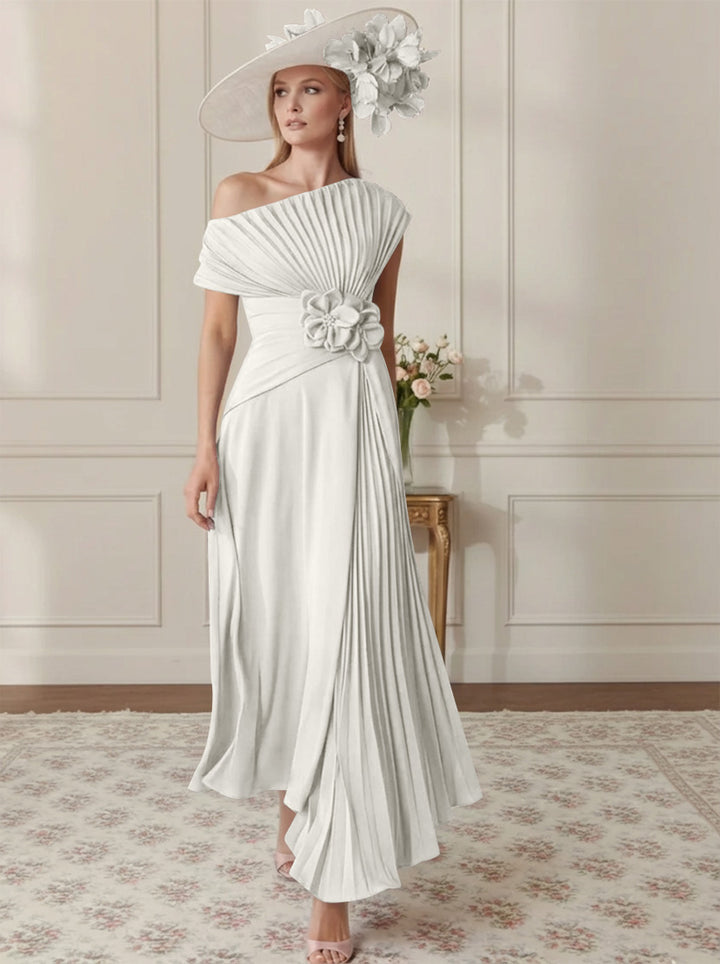 A-Line/Princess Off-the-Shoulder Asymmetrical Ankle-Length Mother of the Bride Dresses With Pleats