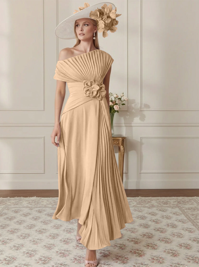A-Line/Princess Off-the-Shoulder Asymmetrical Ankle-Length Mother of the Bride Dresses With Pleats