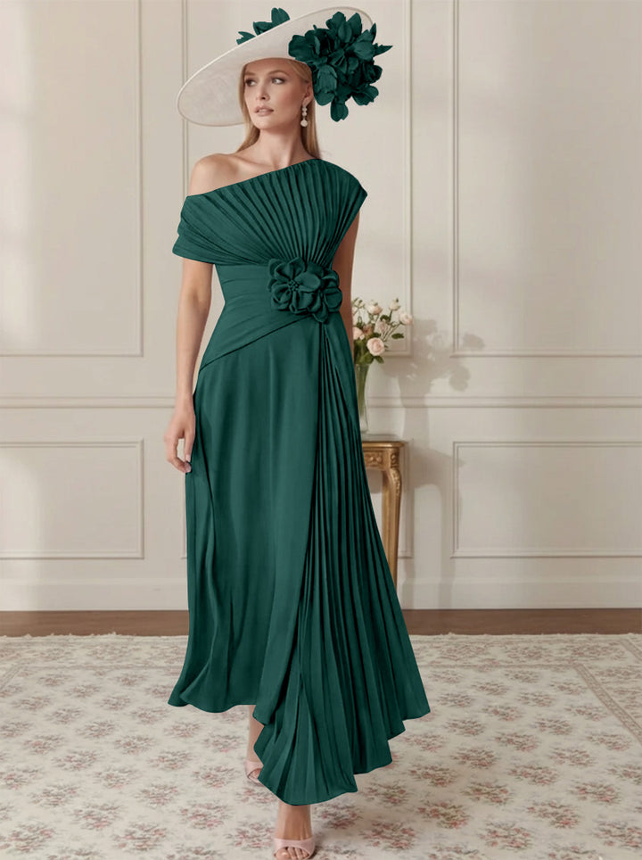 A-Line/Princess Off-the-Shoulder Asymmetrical Ankle-Length Mother of the Bride Dresses With Pleats