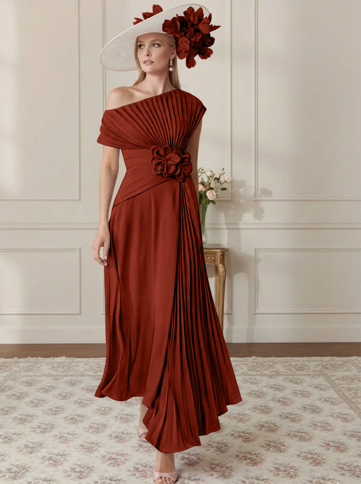 A-Line/Princess Off-the-Shoulder Asymmetrical Ankle-Length Mother of the Bride Dresses With Pleats