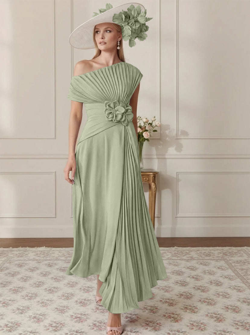 A-Line/Princess Off-the-Shoulder Asymmetrical Ankle-Length Mother of the Bride Dresses With Pleats