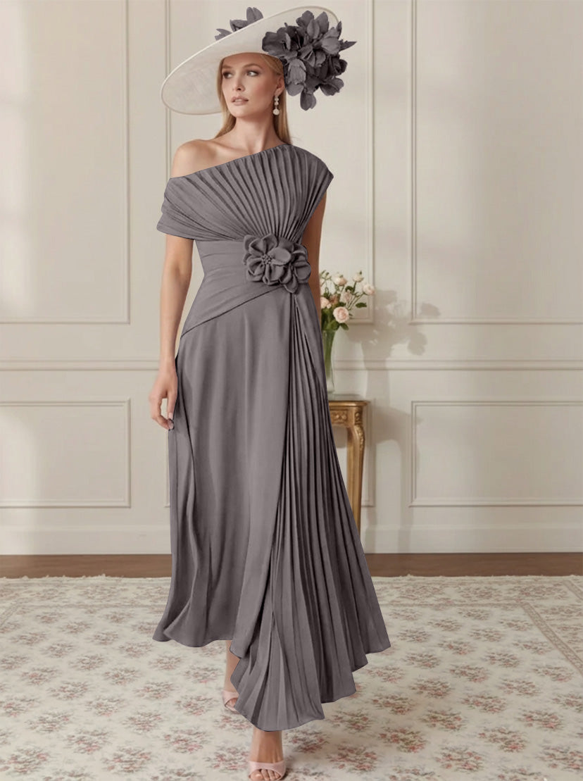 A-Line/Princess Off-the-Shoulder Asymmetrical Ankle-Length Mother of the Bride Dresses With Pleats