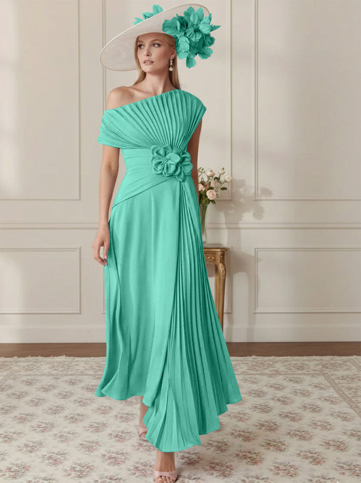A-Line/Princess Off-the-Shoulder Asymmetrical Ankle-Length Mother of the Bride Dresses With Pleats