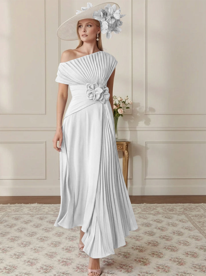 A-Line/Princess Off-the-Shoulder Asymmetrical Ankle-Length Mother of the Bride Dresses With Pleats