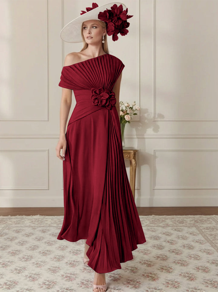 A-Line/Princess Off-the-Shoulder Asymmetrical Ankle-Length Mother of the Bride Dresses With Pleats