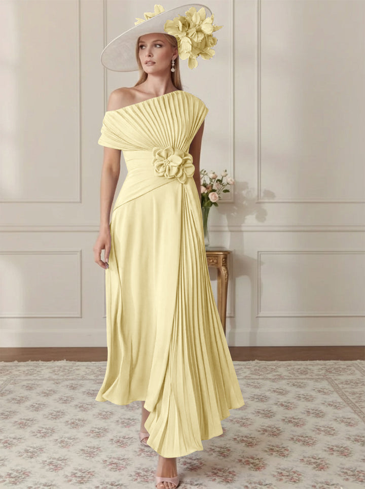 A-Line/Princess Off-the-Shoulder Asymmetrical Ankle-Length Mother of the Bride Dresses With Pleats