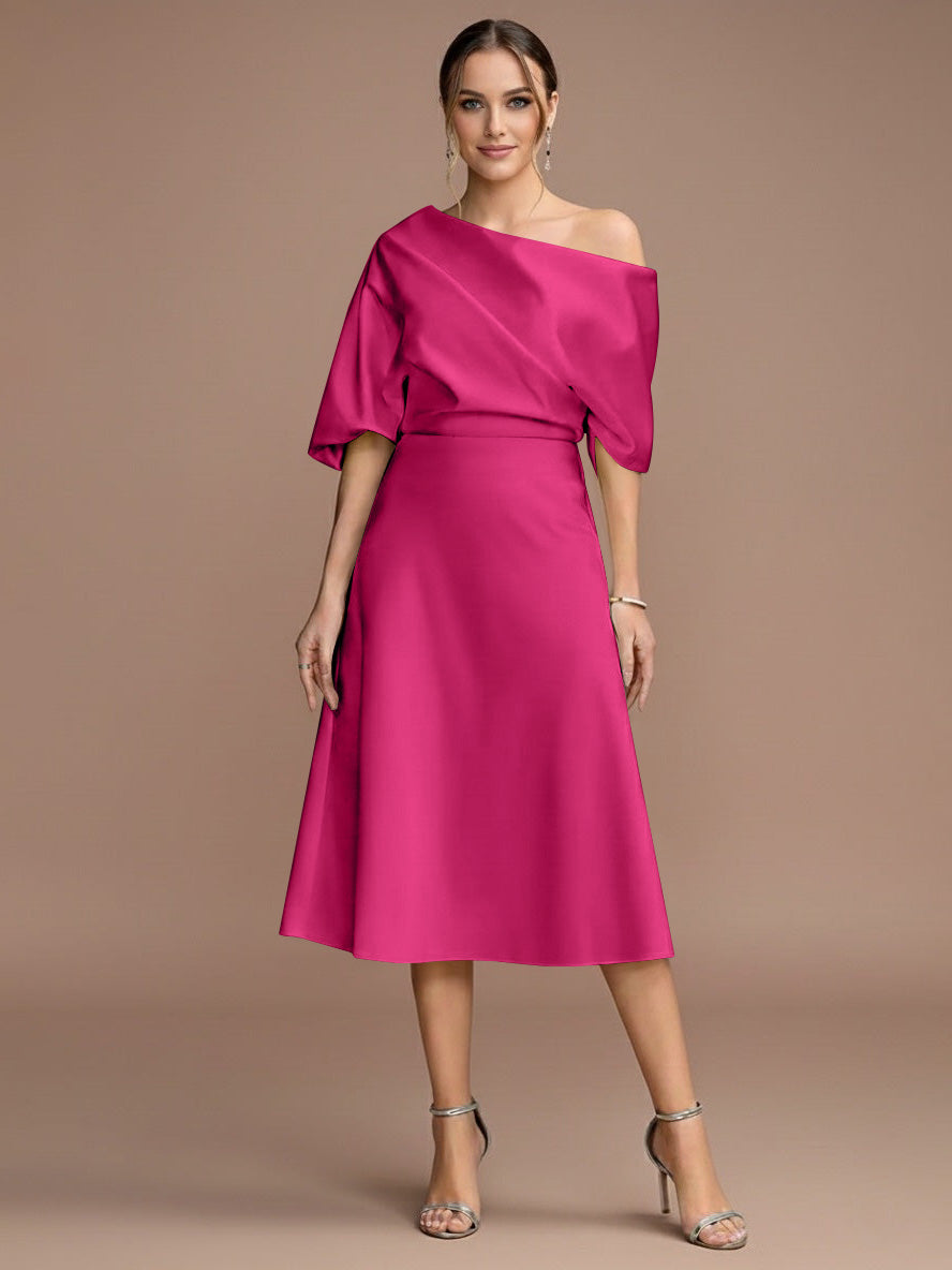 A-Line/Princess One-shoulder Short Sleeves Tea-Length Mother of the Bride Dresses with Ruffles