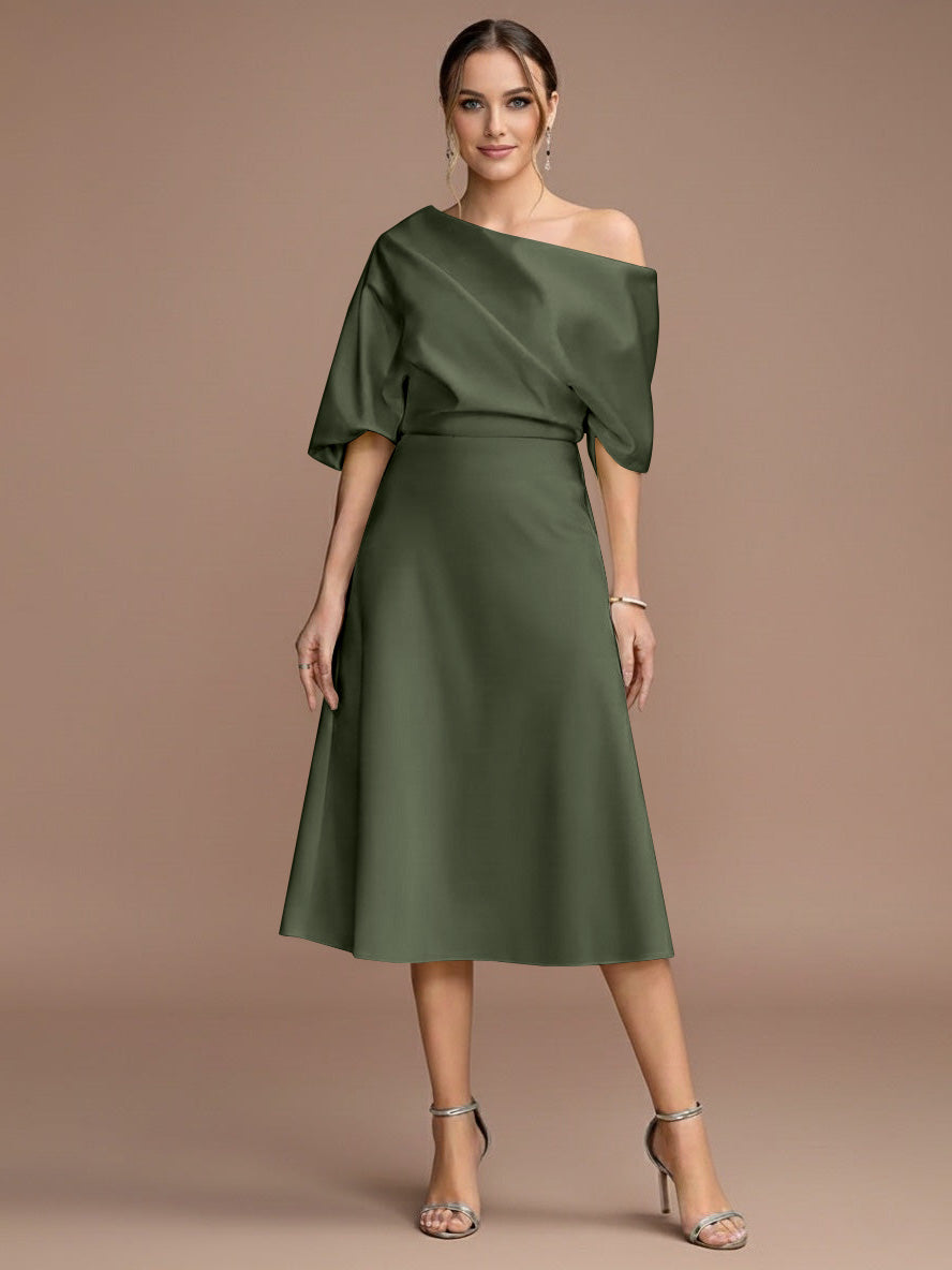 A-Line/Princess One-shoulder Short Sleeves Tea-Length Mother of the Bride Dresses with Ruffles