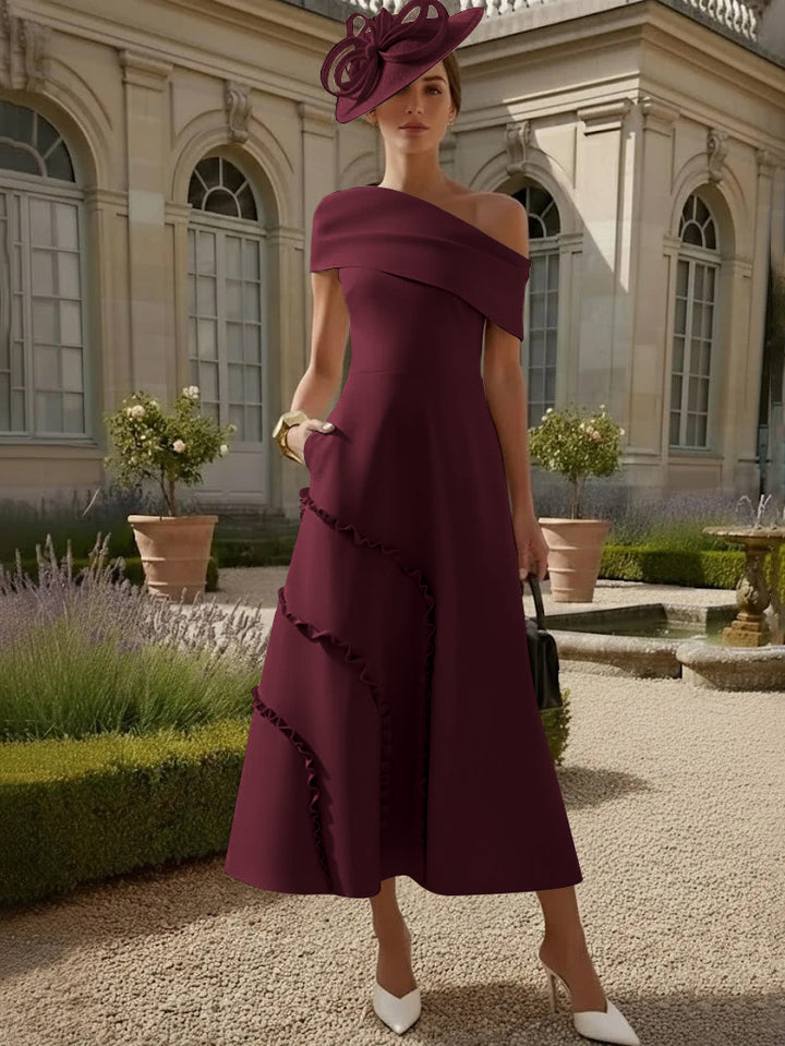 A-Line/Princess One-Shoulder Stretch Satin Mother of the Bride Dresses Tea-Length Sleeveless