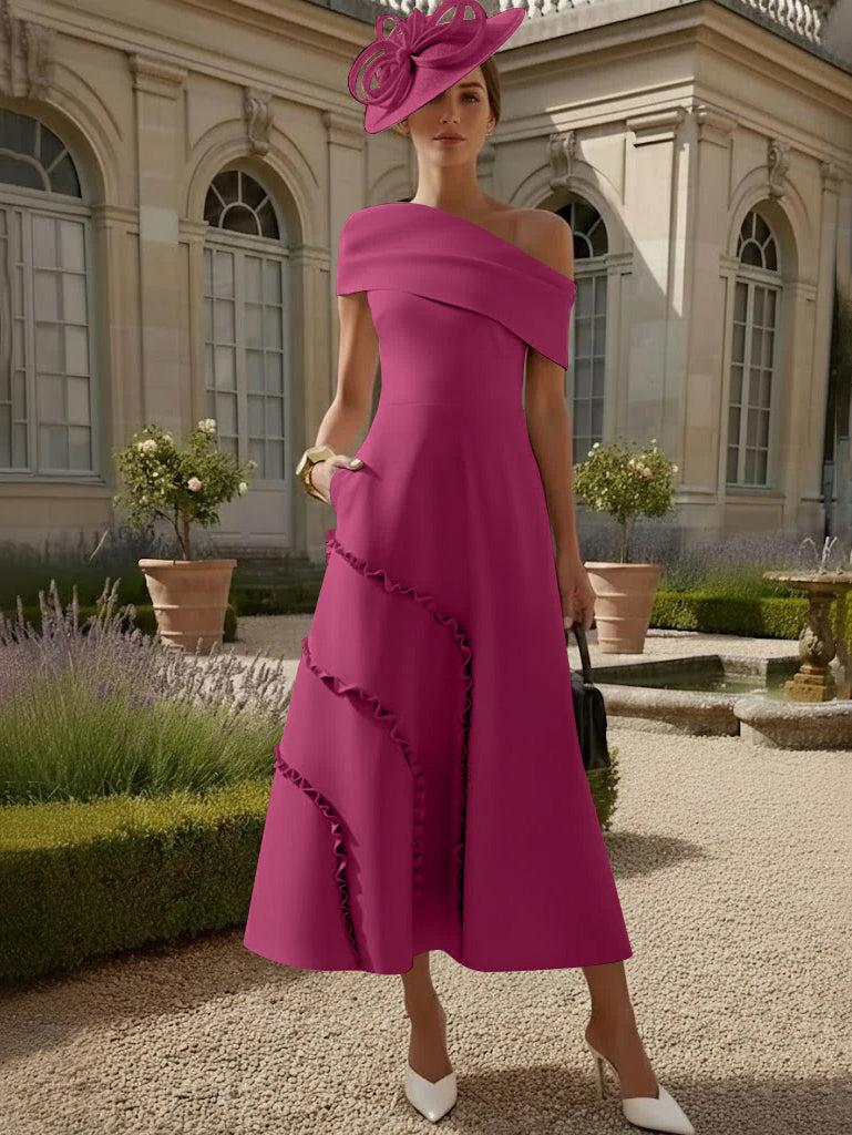 A-Line/Princess One-Shoulder Stretch Satin Mother of the Bride Dresses Tea-Length Sleeveless