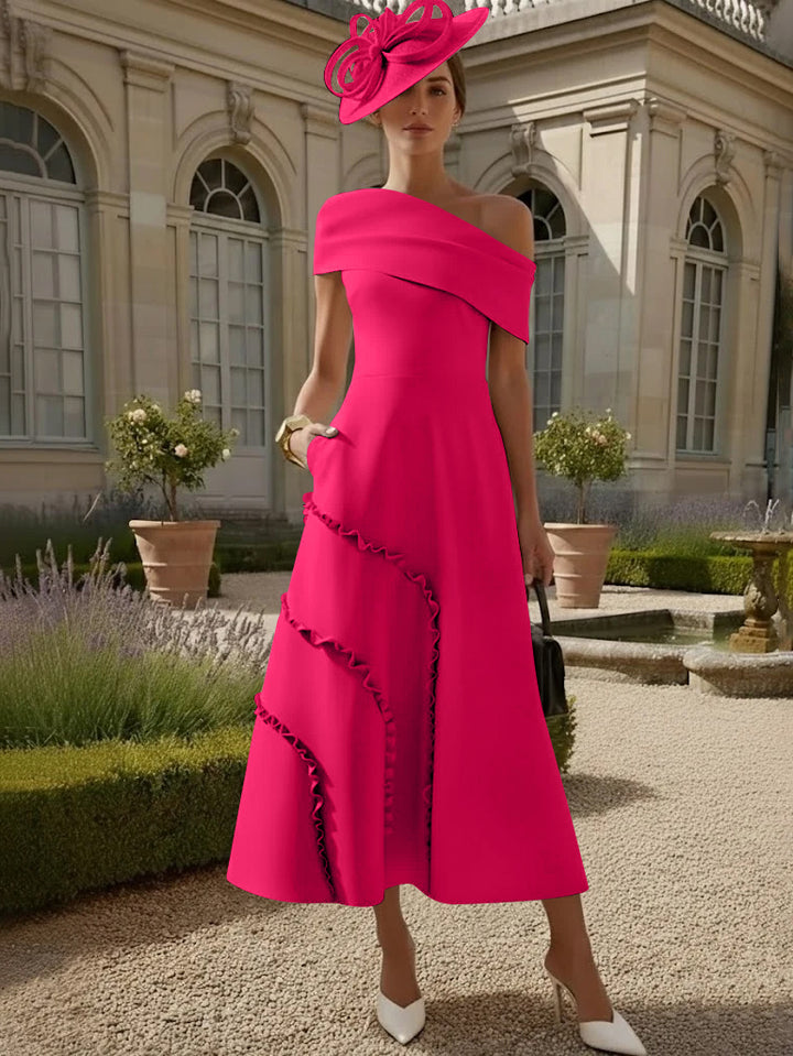 A-Line/Princess One-Shoulder Stretch Satin Mother of the Bride Dresses Tea-Length Sleeveless