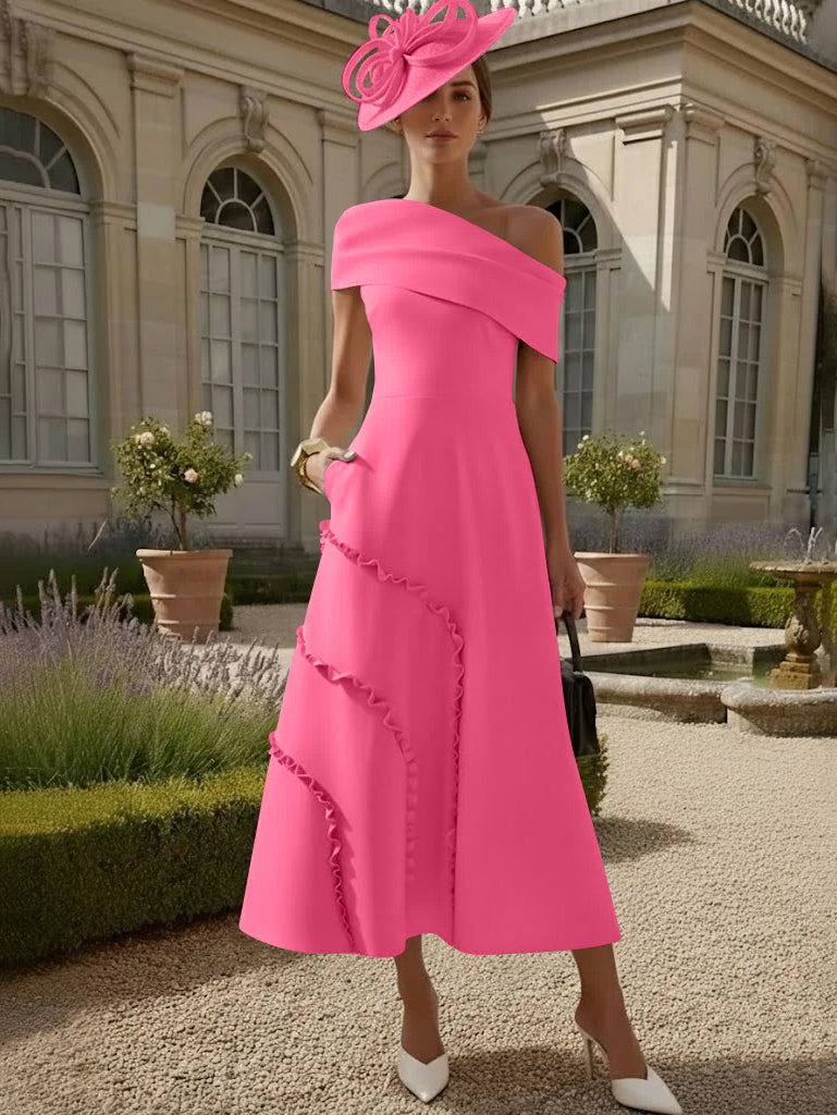 A-Line/Princess One-Shoulder Stretch Satin Mother of the Bride Dresses Tea-Length Sleeveless