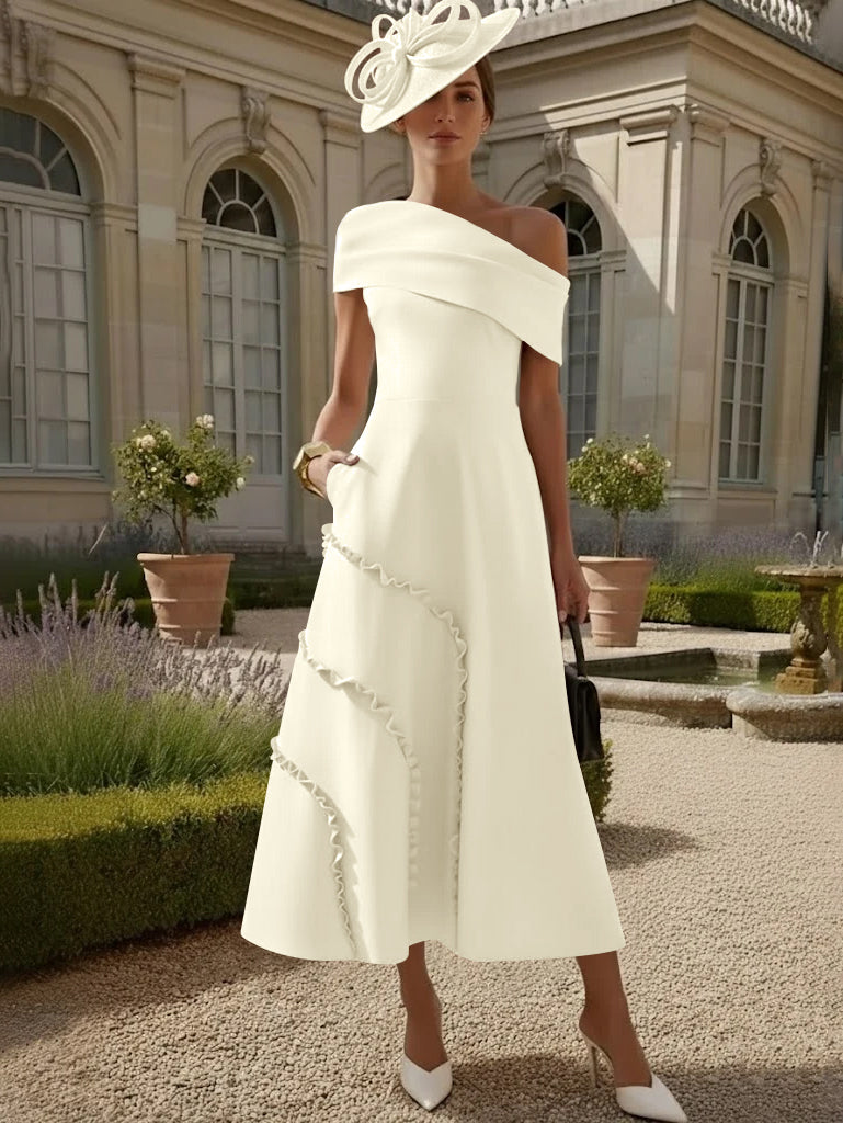 A-Line/Princess One-Shoulder Stretch Satin Mother of the Bride Dresses Tea-Length Sleeveless