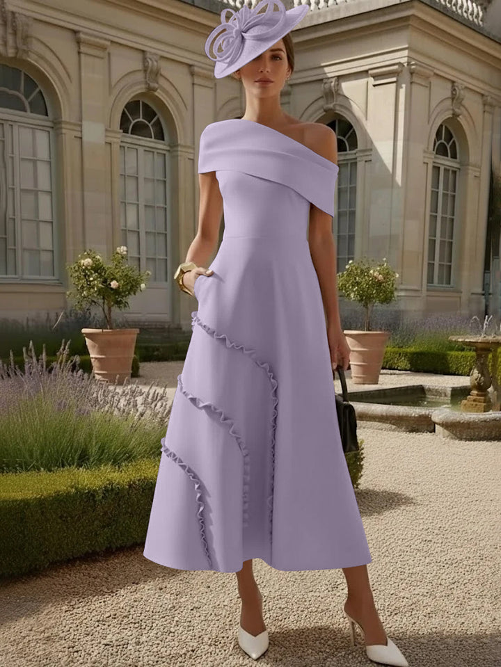 A-Line/Princess One-Shoulder Stretch Satin Mother of the Bride Dresses Tea-Length Sleeveless