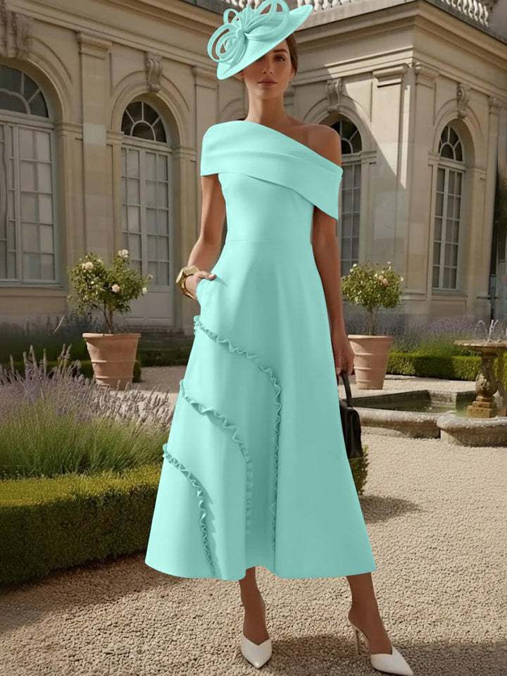 A-Line/Princess One-Shoulder Stretch Satin Mother of the Bride Dresses Tea-Length Sleeveless