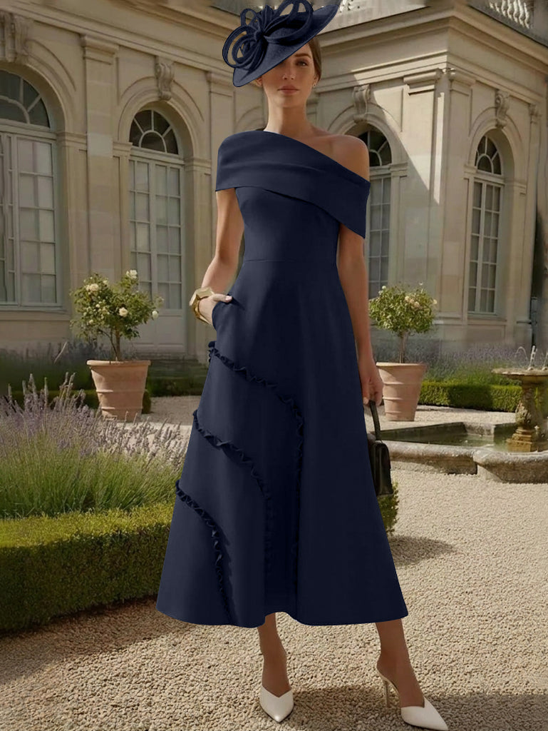 A-Line/Princess One-Shoulder Stretch Satin Mother of the Bride Dresses Tea-Length Sleeveless