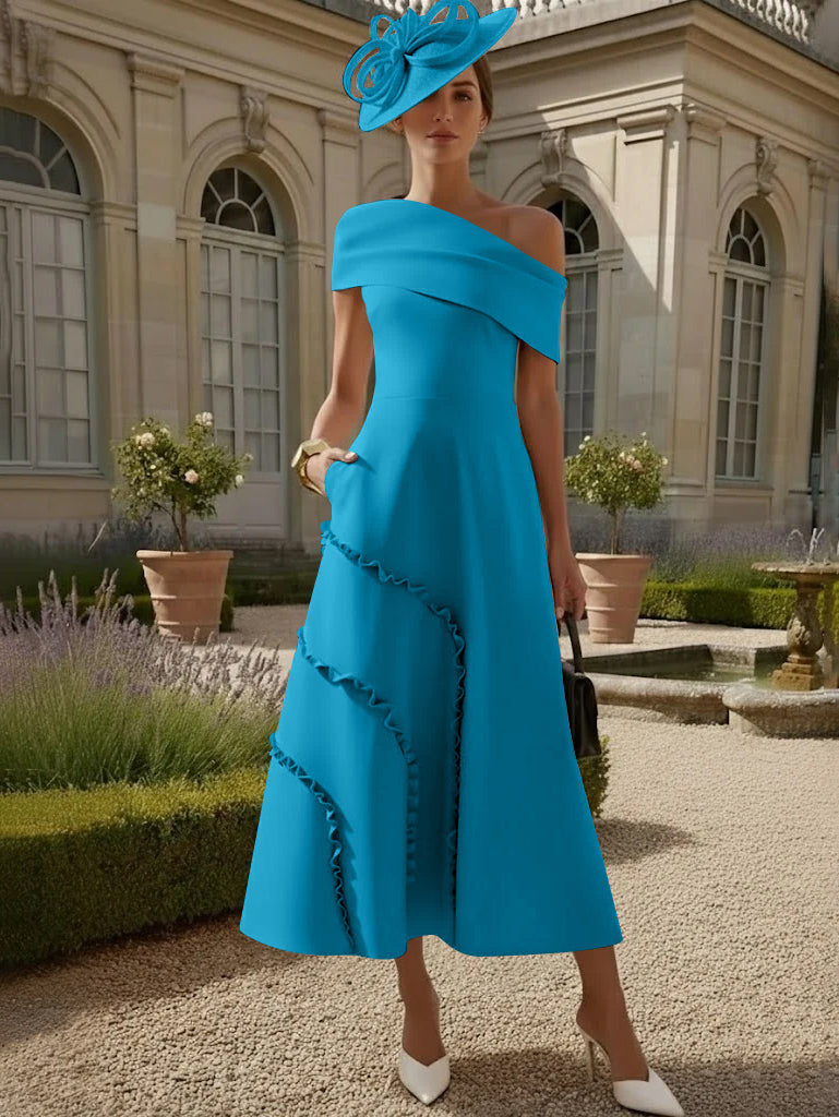 A-Line/Princess One-Shoulder Stretch Satin Mother of the Bride Dresses Tea-Length Sleeveless
