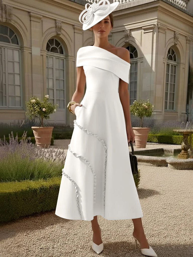 A-Line/Princess One-Shoulder Stretch Satin Mother of the Bride Dresses Tea-Length Sleeveless