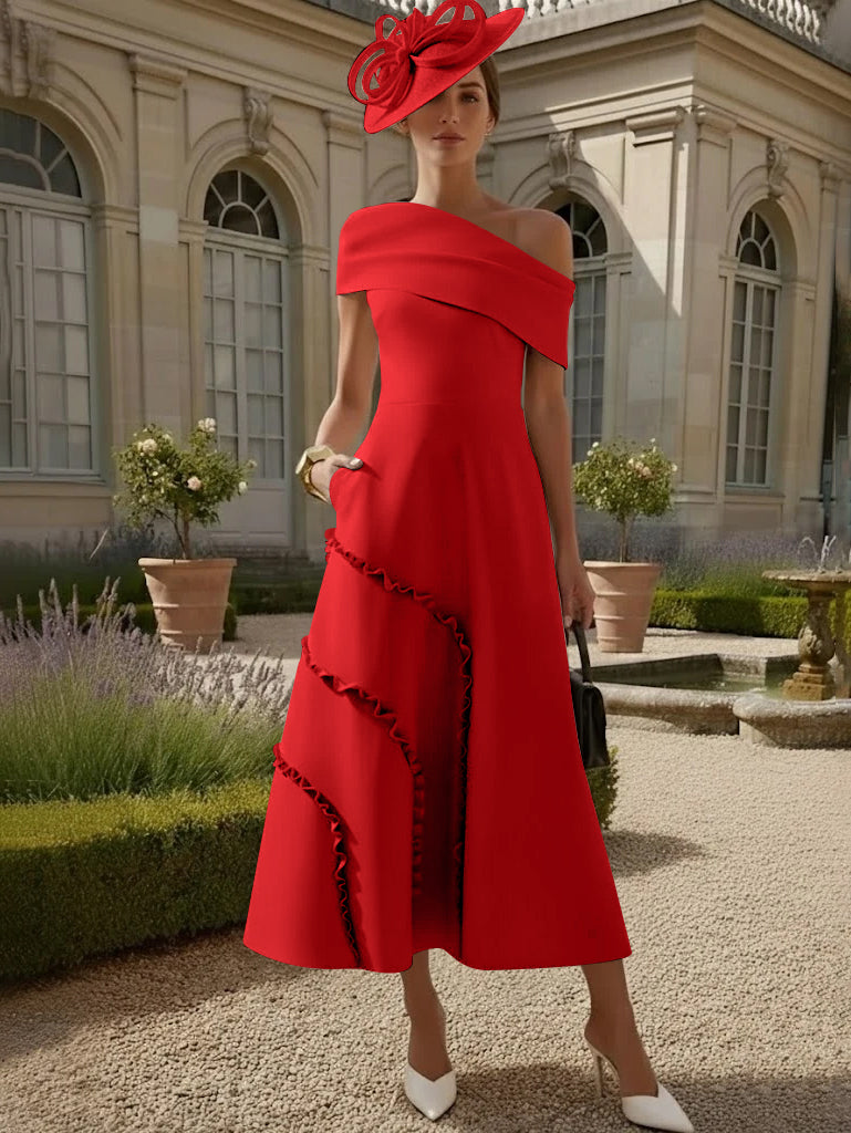 A-Line/Princess One-Shoulder Stretch Satin Mother of the Bride Dresses Tea-Length Sleeveless