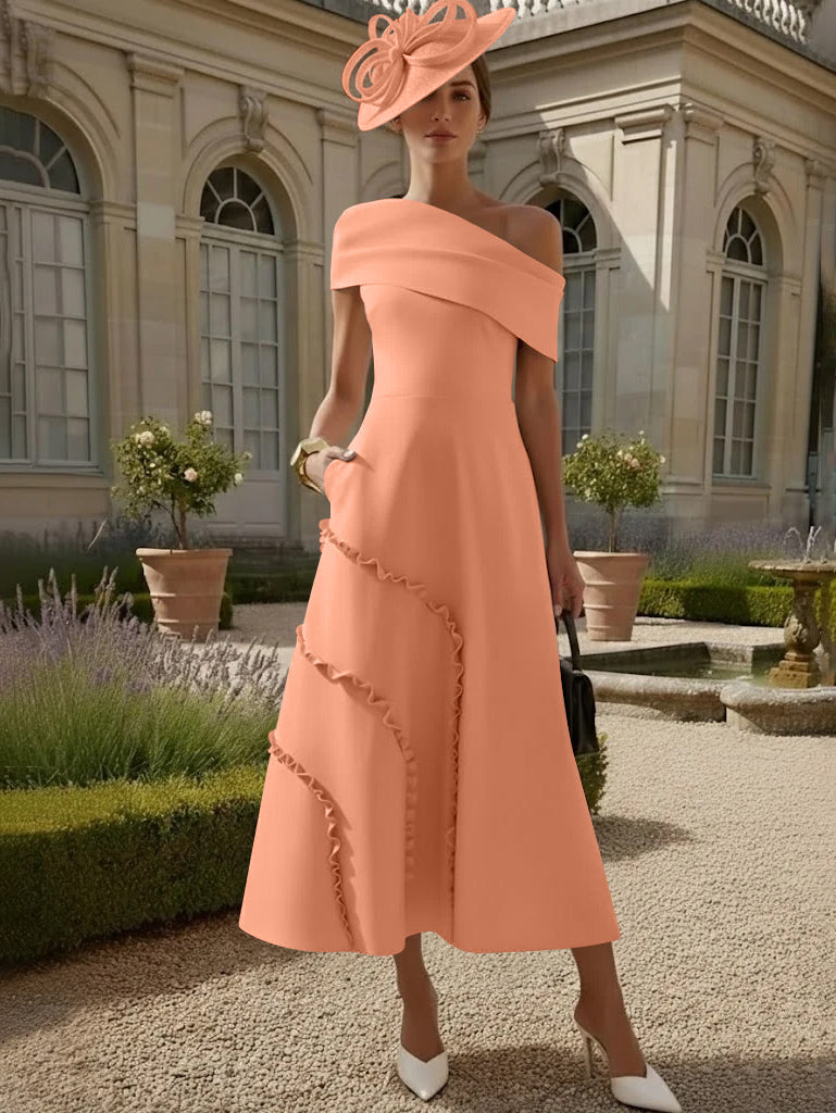 A-Line/Princess One-Shoulder Stretch Satin Mother of the Bride Dresses Tea-Length Sleeveless