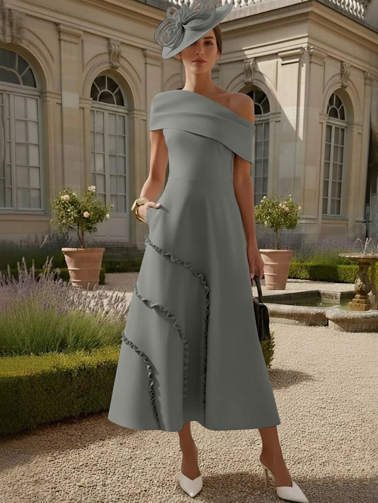 A-Line/Princess One-Shoulder Stretch Satin Mother of the Bride Dresses Tea-Length Sleeveless