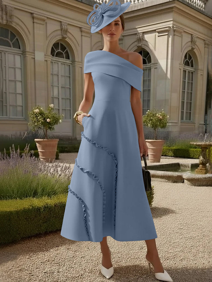 A-Line/Princess One-Shoulder Stretch Satin Mother of the Bride Dresses Tea-Length Sleeveless