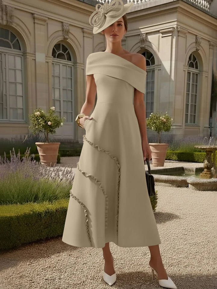 A-Line/Princess One-Shoulder Stretch Satin Mother of the Bride Dresses Tea-Length Sleeveless