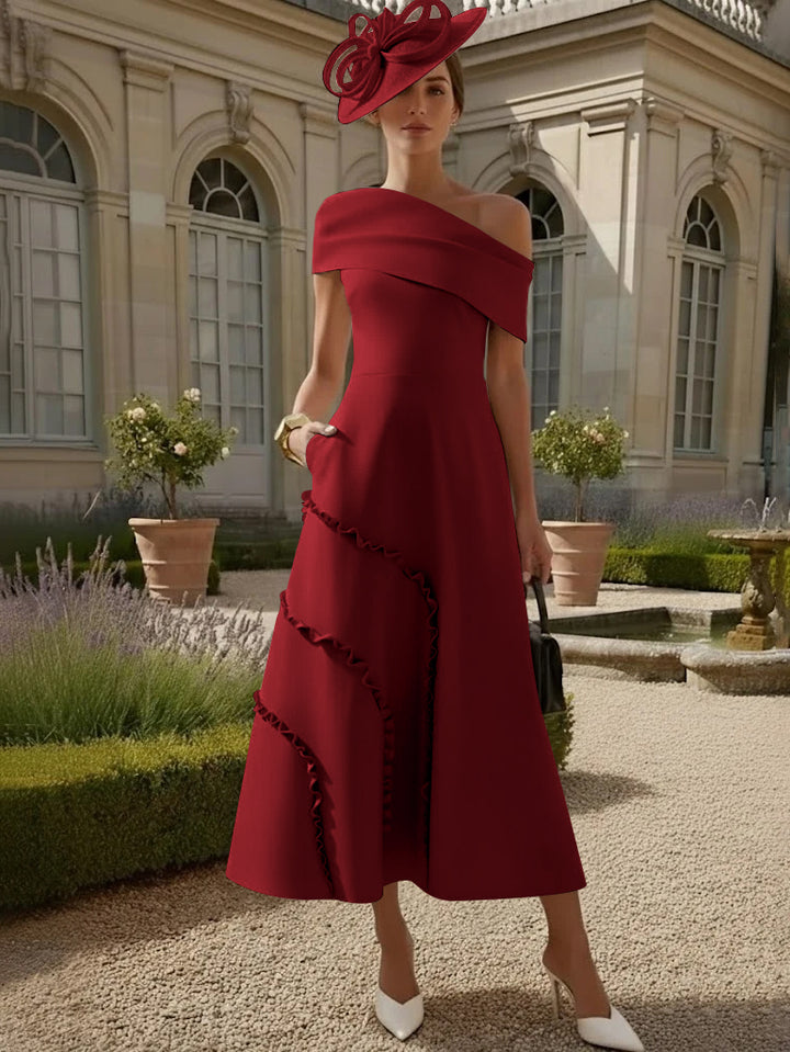 A-Line/Princess One-Shoulder Stretch Satin Mother of the Bride Dresses Tea-Length Sleeveless