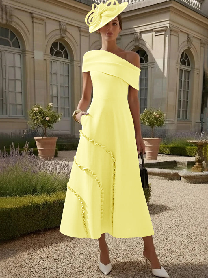 A-Line/Princess One-Shoulder Stretch Satin Mother of the Bride Dresses Tea-Length Sleeveless