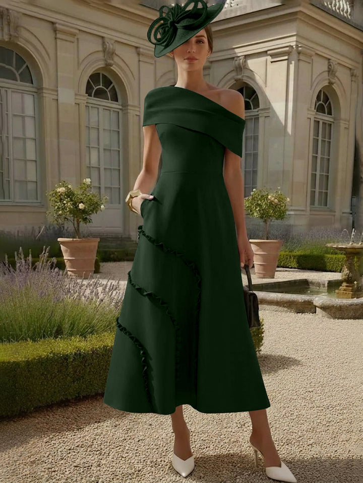 A-Line/Princess One-Shoulder Stretch Satin Mother of the Bride Dresses Tea-Length Sleeveless