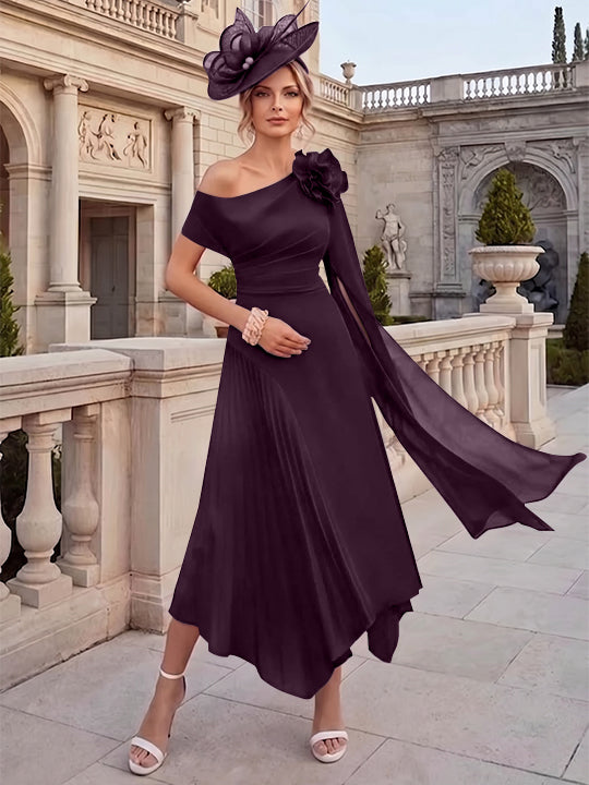 A-Line/Princess One-Shoulder Chiffon Mother of the Bride Dresses Ankle-Length Sleeveless Asymmetrical 3D Flower