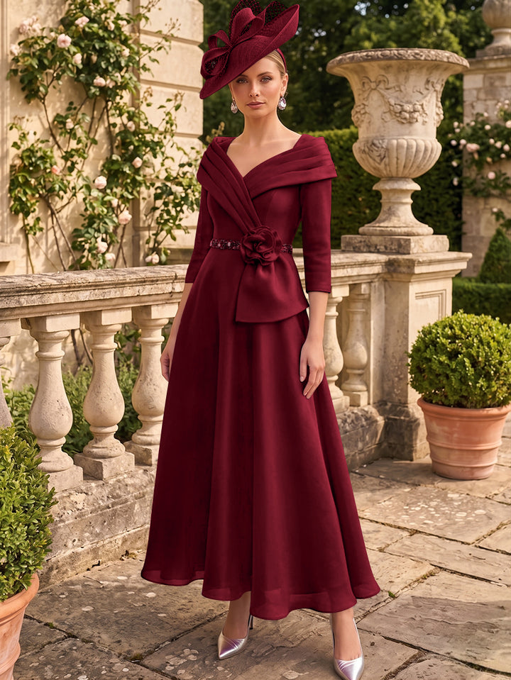 A-Line/Princess V-Neck Chiffon Mother of the Bride Dresses Ankle-Length 3/4 Sleeves 3D Flower Sequins