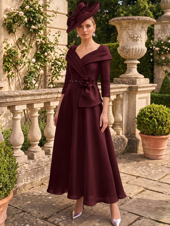 A-Line/Princess V-Neck Chiffon Mother of the Bride Dresses Ankle-Length 3/4 Sleeves 3D Flower Sequins