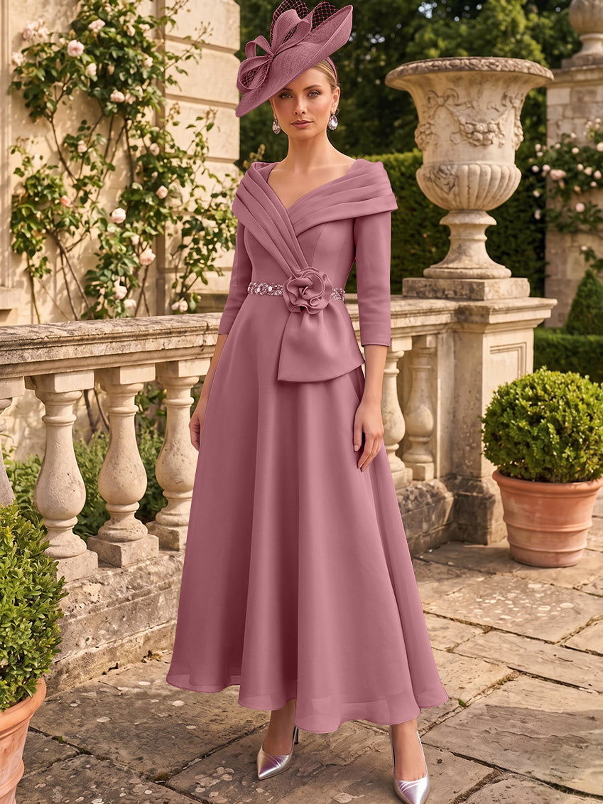 A-Line/Princess V-Neck Chiffon Mother of the Bride Dresses Ankle-Length 3/4 Sleeves 3D Flower Sequins