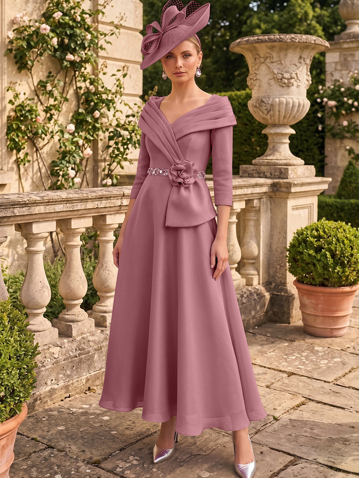 A-Line/Princess V-Neck Chiffon Mother of the Bride Dresses Ankle-Length 3/4 Sleeves 3D Flower Sequins