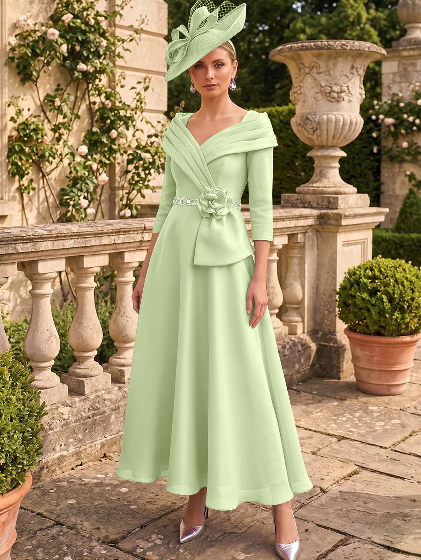 A-Line/Princess V-Neck Chiffon Mother of the Bride Dresses Ankle-Length 3/4 Sleeves 3D Flower Sequins