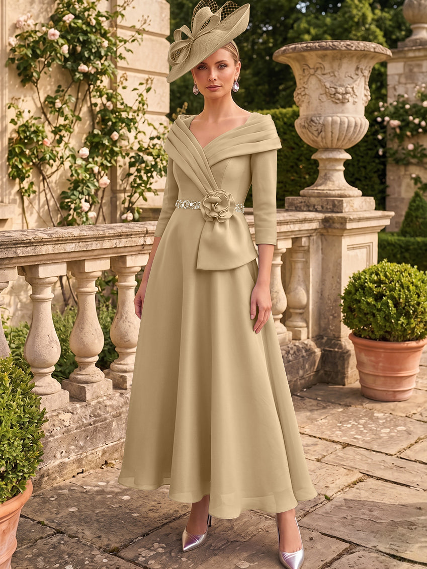A-Line/Princess V-Neck Chiffon Mother of the Bride Dresses Ankle-Length 3/4 Sleeves 3D Flower Sequins